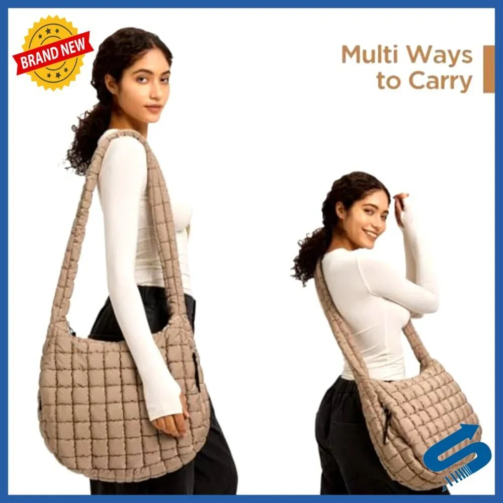 Large Quilted Puffer Tote Bag with Crossbody Strap, Multiple Pockets